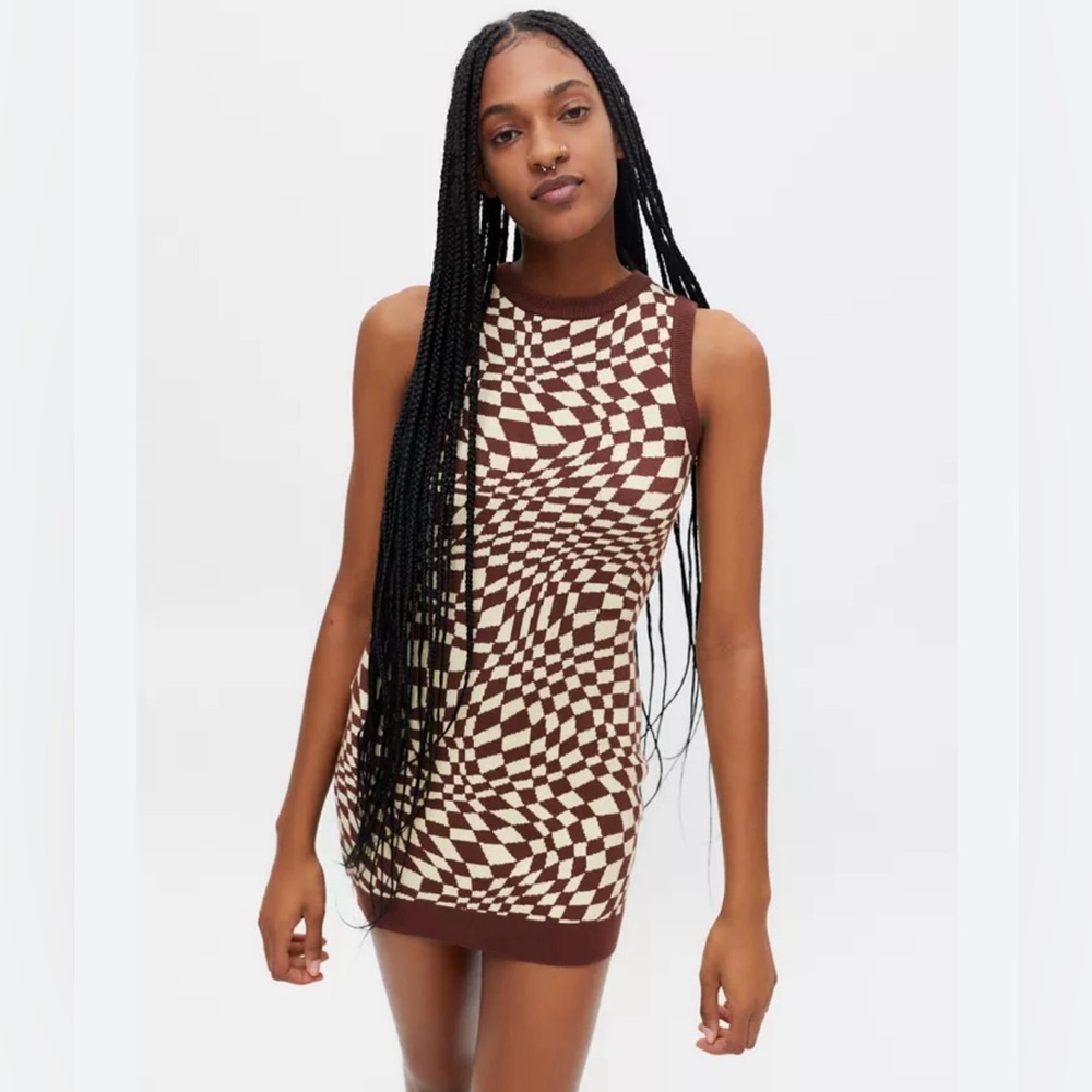 NWT Urban Outfitters Kimta Mini Dress in Knit Square Flag Coffee Quartz, Size S